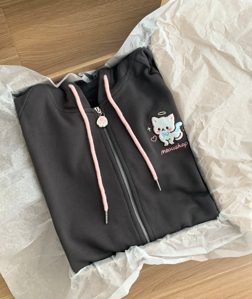 Japanese Cartoon Embroidery Y2k Aesthetics Hoodies Women Zipper Oversized Jackets 2025 Autumn Drawstring Casual Sweatshirt Tops