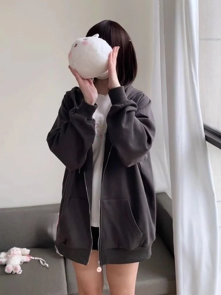 Japanese Cartoon Embroidery Y2k Aesthetics Hoodies Women Zipper Oversized Jackets 2025 Autumn Drawstring Casual Sweatshirt Tops