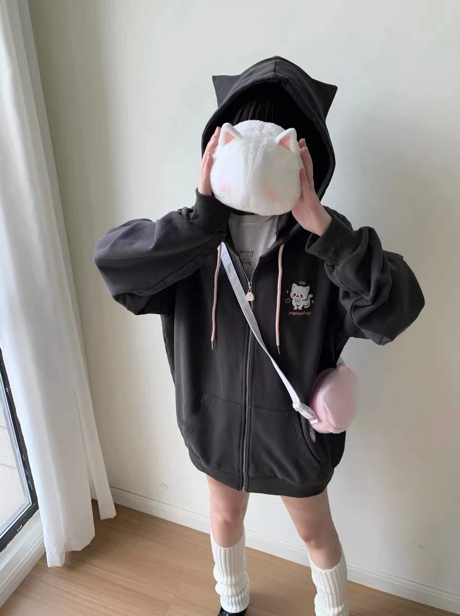 Japanese Cartoon Embroidery Y2k Aesthetics Hoodies Women Zipper Oversized Jackets 2025 Autumn Drawstring Casual Sweatshirt Tops