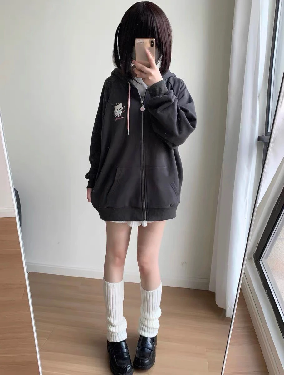 Japanese Cartoon Embroidery Y2k Aesthetics Hoodies Women Zipper Oversized Jackets 2025 Autumn Drawstring Casual Sweatshirt Tops