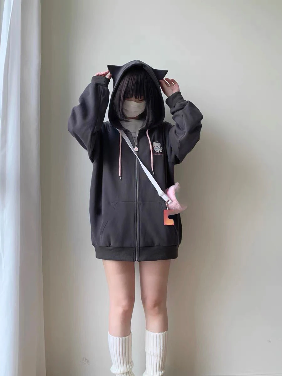 Japanese Cartoon Embroidery Y2k Aesthetics Hoodies Women Zipper Oversized Jackets 2025 Autumn Drawstring Casual Sweatshirt Tops