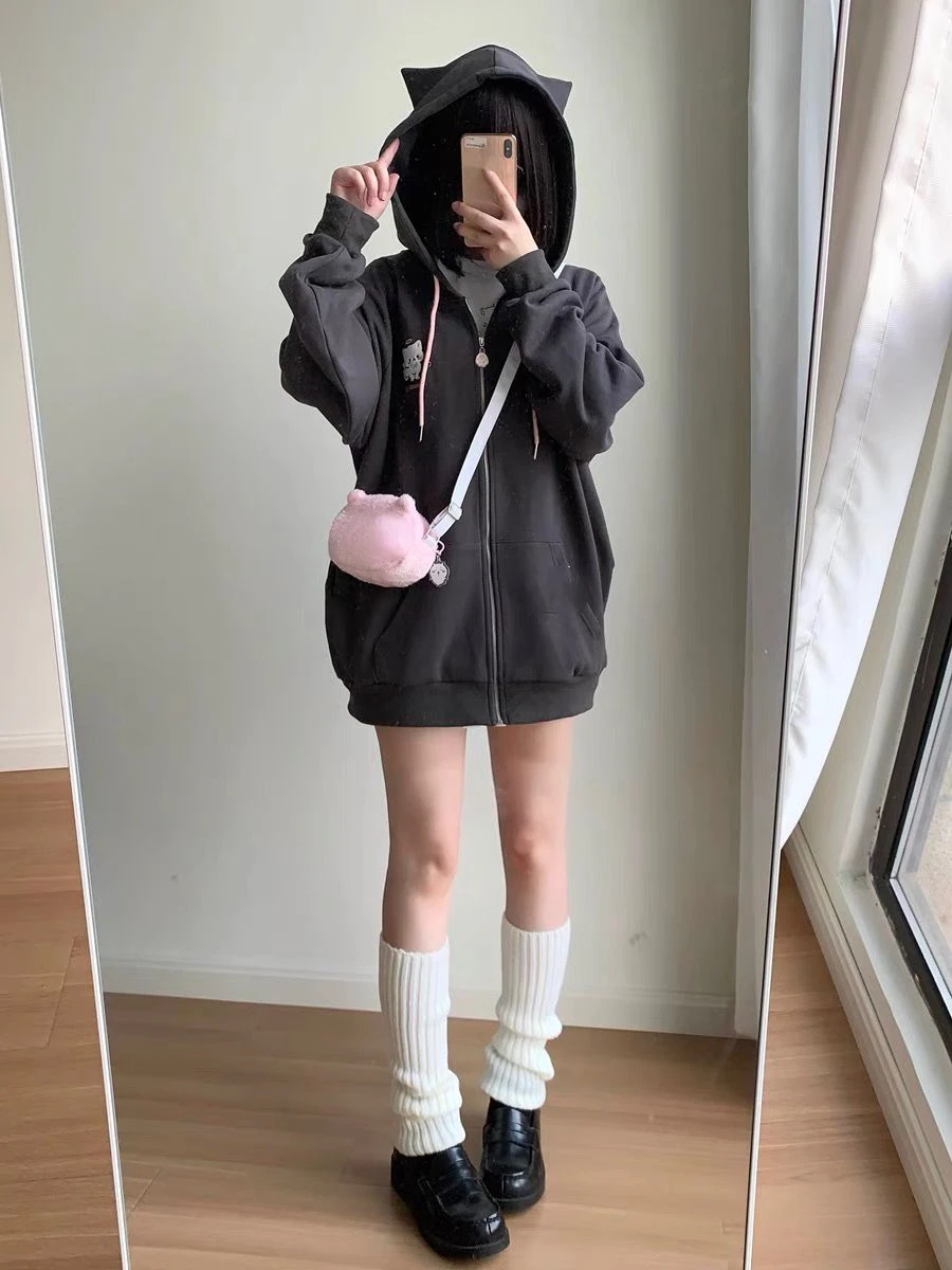 Japanese Cartoon Embroidery Y2k Aesthetics Hoodies Women Zipper Oversized Jackets 2025 Autumn Drawstring Casual Sweatshirt Tops
