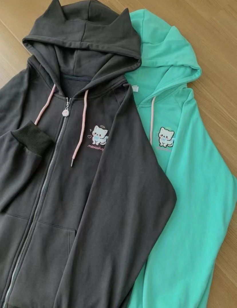Japanese Cartoon Embroidery Y2k Aesthetics Hoodies Women Zipper Oversized Jackets 2025 Autumn Drawstring Casual Sweatshirt Tops