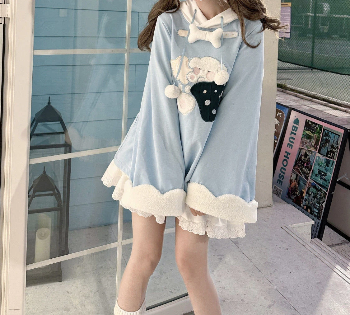 2026 Japanese Cartoon Embroidery Hoodies Tops Women Autumn Harajuku Drawstring Pullovers Patchwork Kawaii Cute Casual Sweatshirt