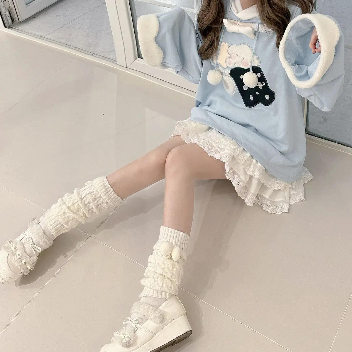 2026 Japanese Cartoon Embroidery Hoodies Tops Women Autumn Harajuku Drawstring Pullovers Patchwork Kawaii Cute Casual Sweatshirt