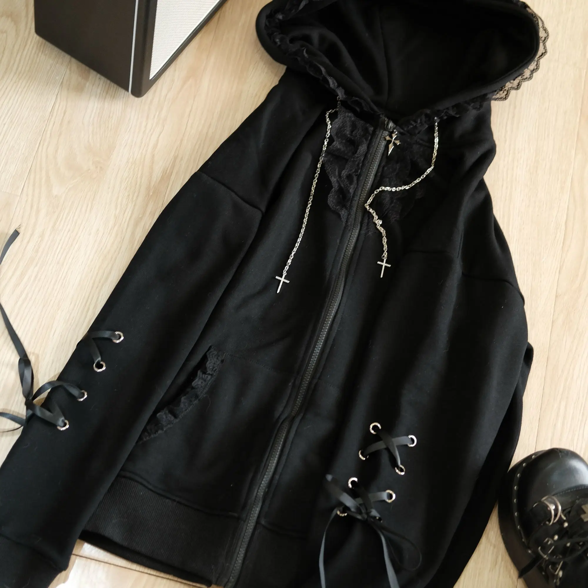Subculture Japanese Retro Long Sleeve Hoodie Cat Ears Lace Decoration Women Casual Sweatshirt Gothic Y2K Harajuku Autumn Coat