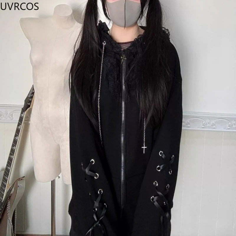 Japanese Kawaii Cat Ears Hooded Hoodies Women Y2k Aesthetic Grunge Casual Bandage Zipper Sweatshirt Fashion Trend Sportswear Top
