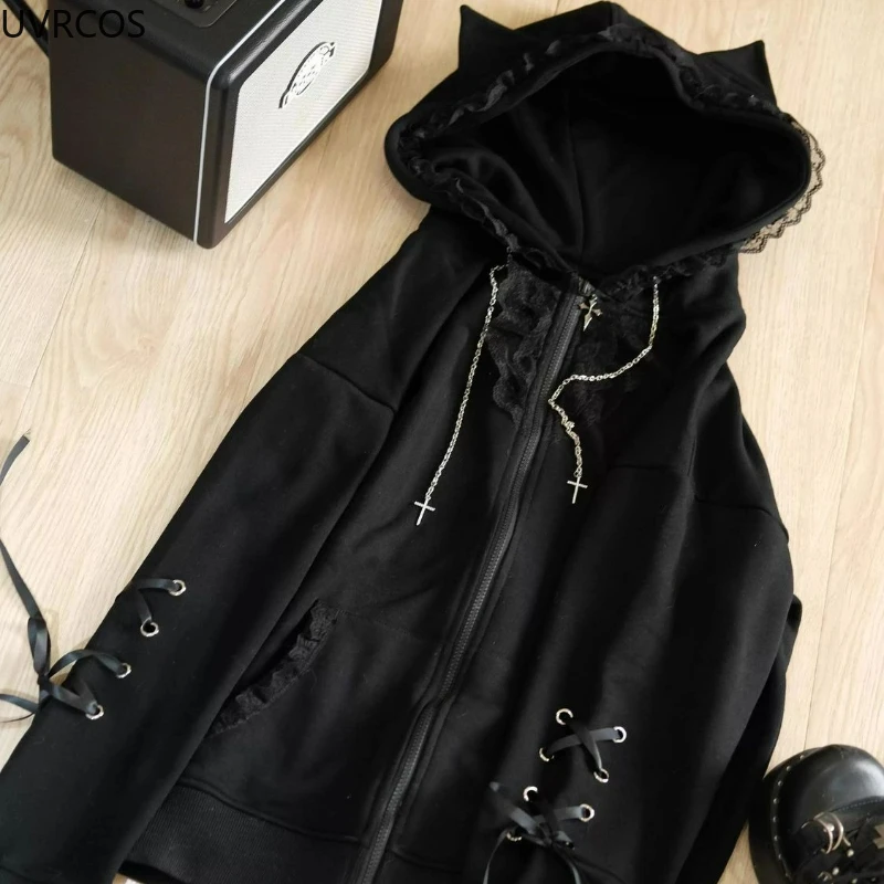 Japanese Kawaii Cat Ears Hooded Hoodies Women Y2k Aesthetic Grunge Casual Bandage Zipper Sweatshirt Fashion Trend Sportswear Top