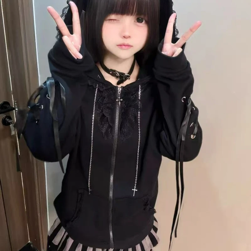 Japanese Kawaii Cat Ears Hooded Hoodies Women Y2k Aesthetic Grunge Casual Bandage Zipper Sweatshirt Fashion Trend Sportswear Top