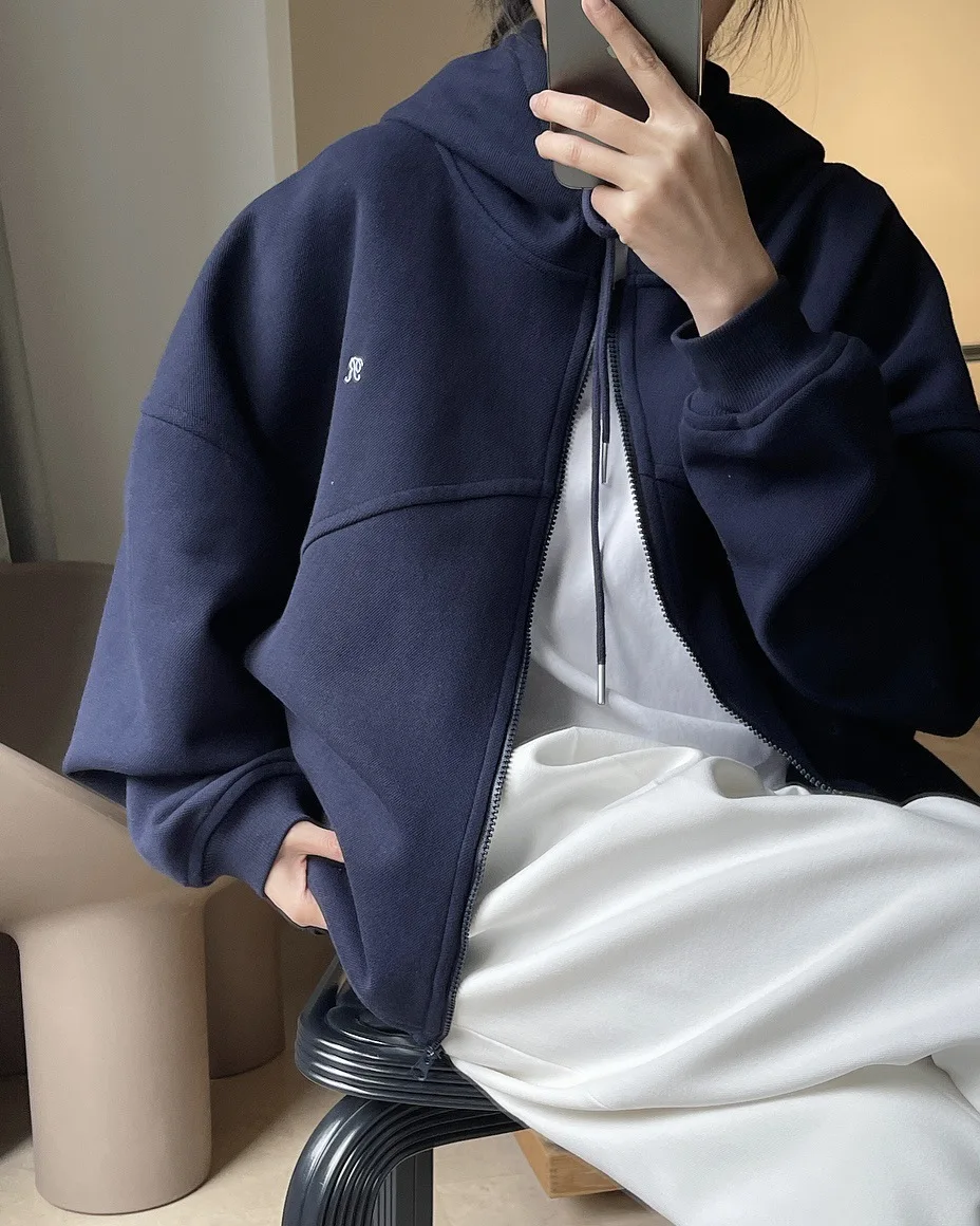 [LANMREM] Letter Hooded Sweatshirt For Women Zipper Cardigan Long Sleeve Casual Loose Top Fashion 2025 Autumn New 26D9799