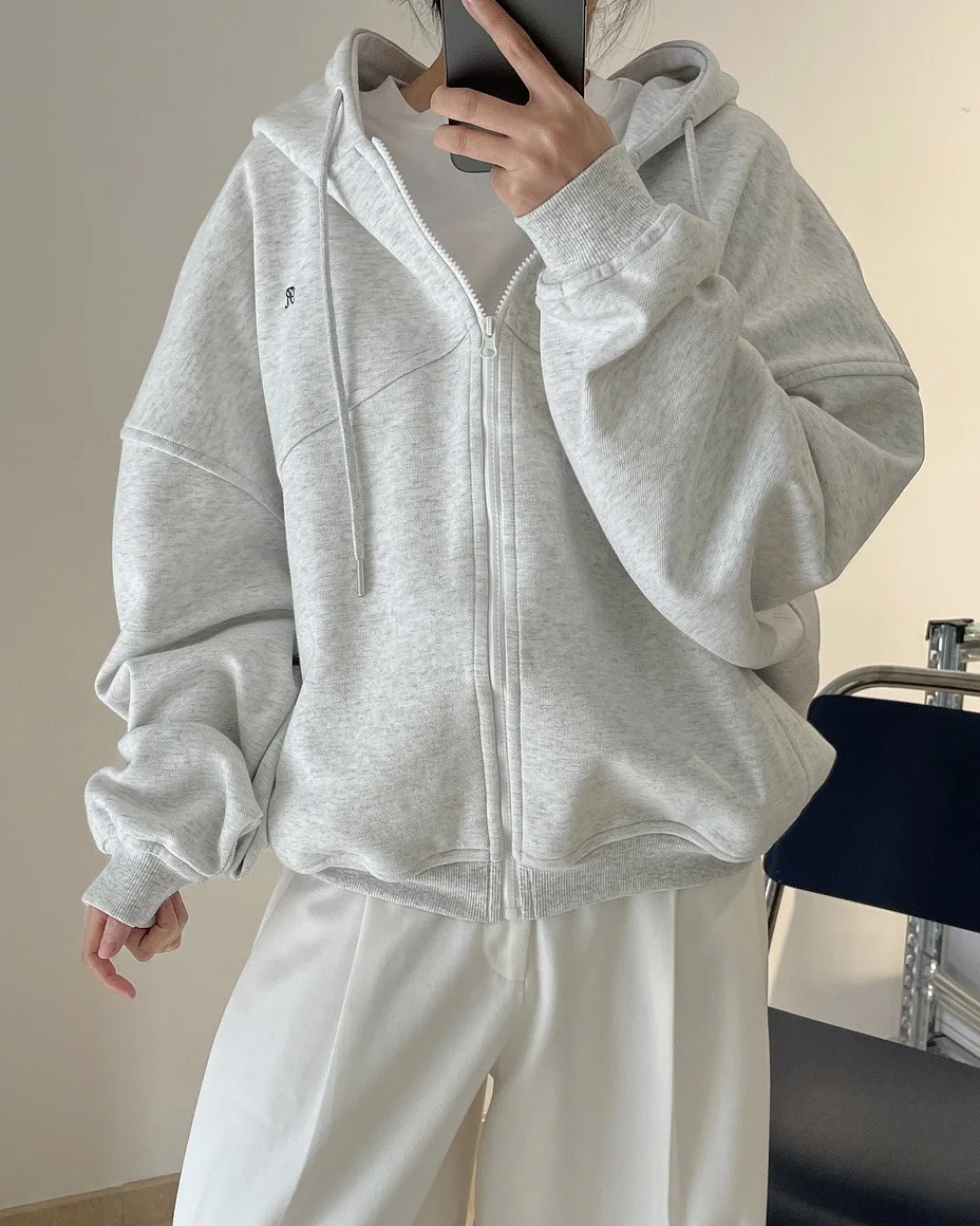 [LANMREM] Letter Hooded Sweatshirt For Women Zipper Cardigan Long Sleeve Casual Loose Top Fashion 2025 Autumn New 26D9799