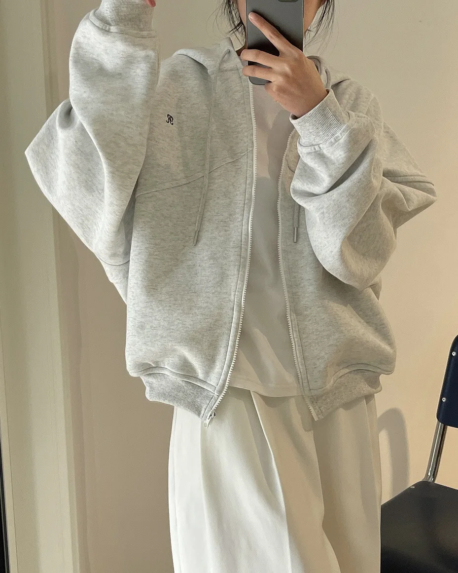 [LANMREM] Letter Hooded Sweatshirt For Women Zipper Cardigan Long Sleeve Casual Loose Top Fashion 2025 Autumn New 26D9799