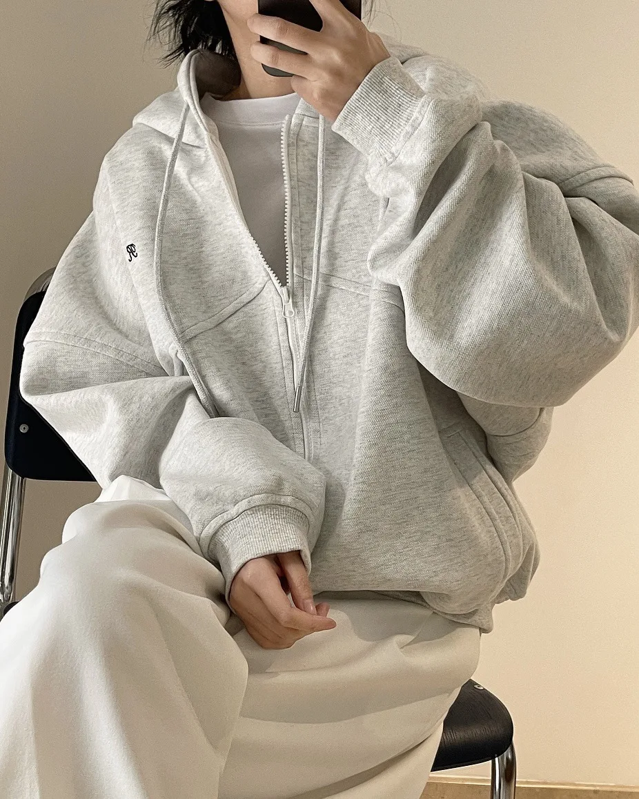 [LANMREM] Letter Hooded Sweatshirt For Women Zipper Cardigan Long Sleeve Casual Loose Top Fashion 2025 Autumn New 26D9799