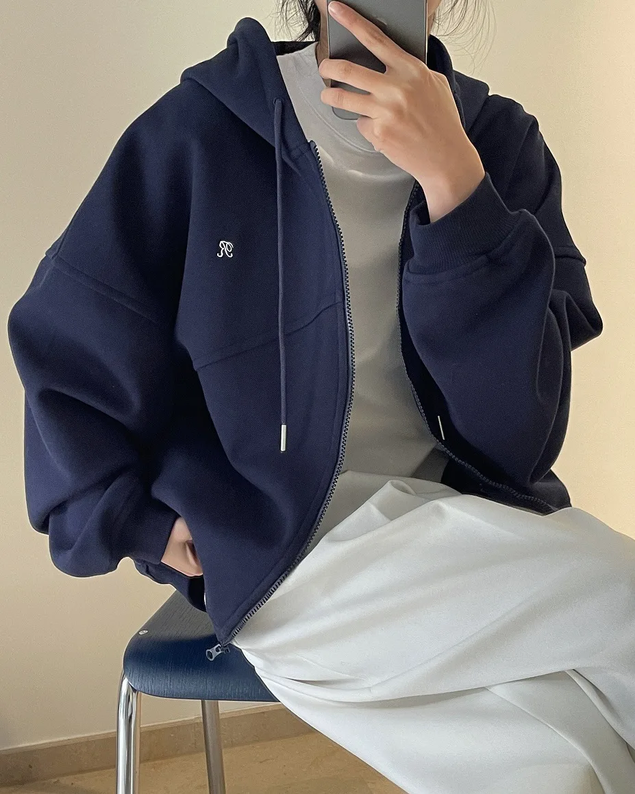 [LANMREM] Letter Hooded Sweatshirt For Women Zipper Cardigan Long Sleeve Casual Loose Top Fashion 2025 Autumn New 26D9799