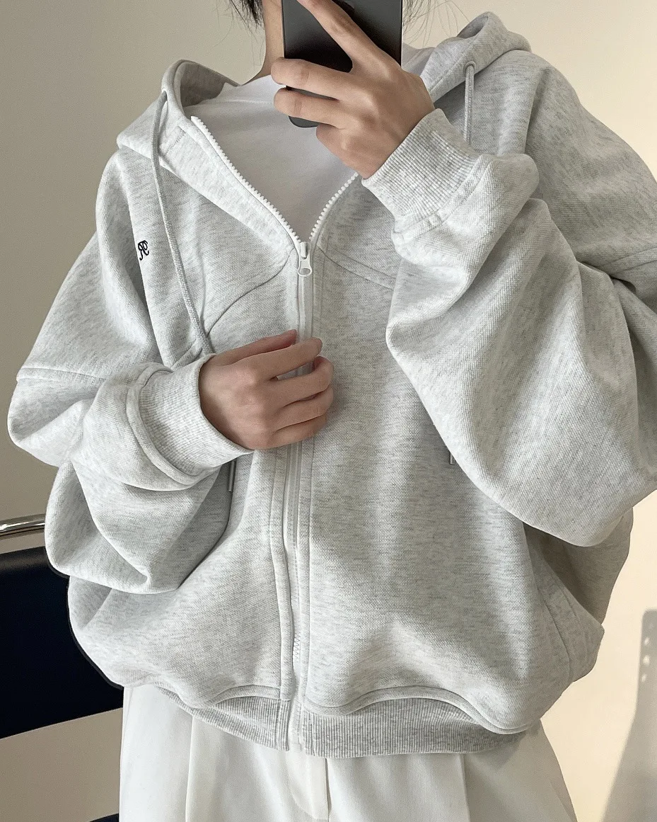 [LANMREM] Letter Hooded Sweatshirt For Women Zipper Cardigan Long Sleeve Casual Loose Top Fashion 2025 Autumn New 26D9799