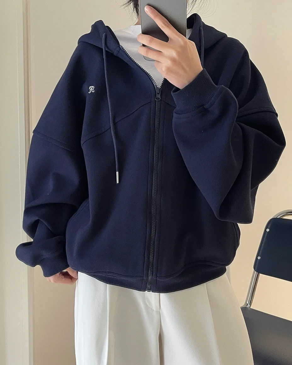 [LANMREM] Letter Hooded Sweatshirt For Women Zipper Cardigan Long Sleeve Casual Loose Top Fashion 2025 Autumn New 26D9799