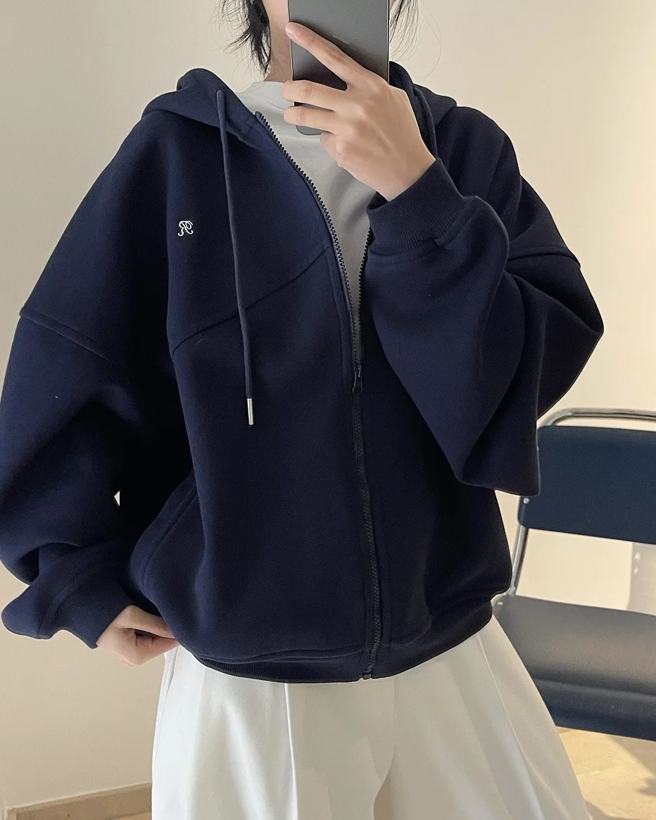 [LANMREM] Letter Hooded Sweatshirt For Women Zipper Cardigan Long Sleeve Casual Loose Top Fashion 2025 Autumn New 26D9799