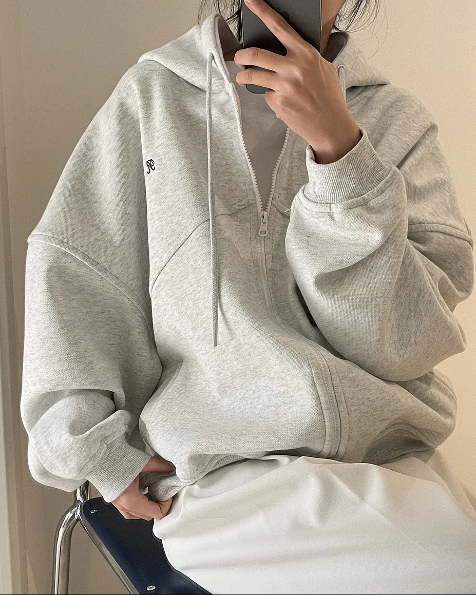 [LANMREM] Letter Hooded Sweatshirt For Women Zipper Cardigan Long Sleeve Casual Loose Top Fashion 2025 Autumn New 26D9799