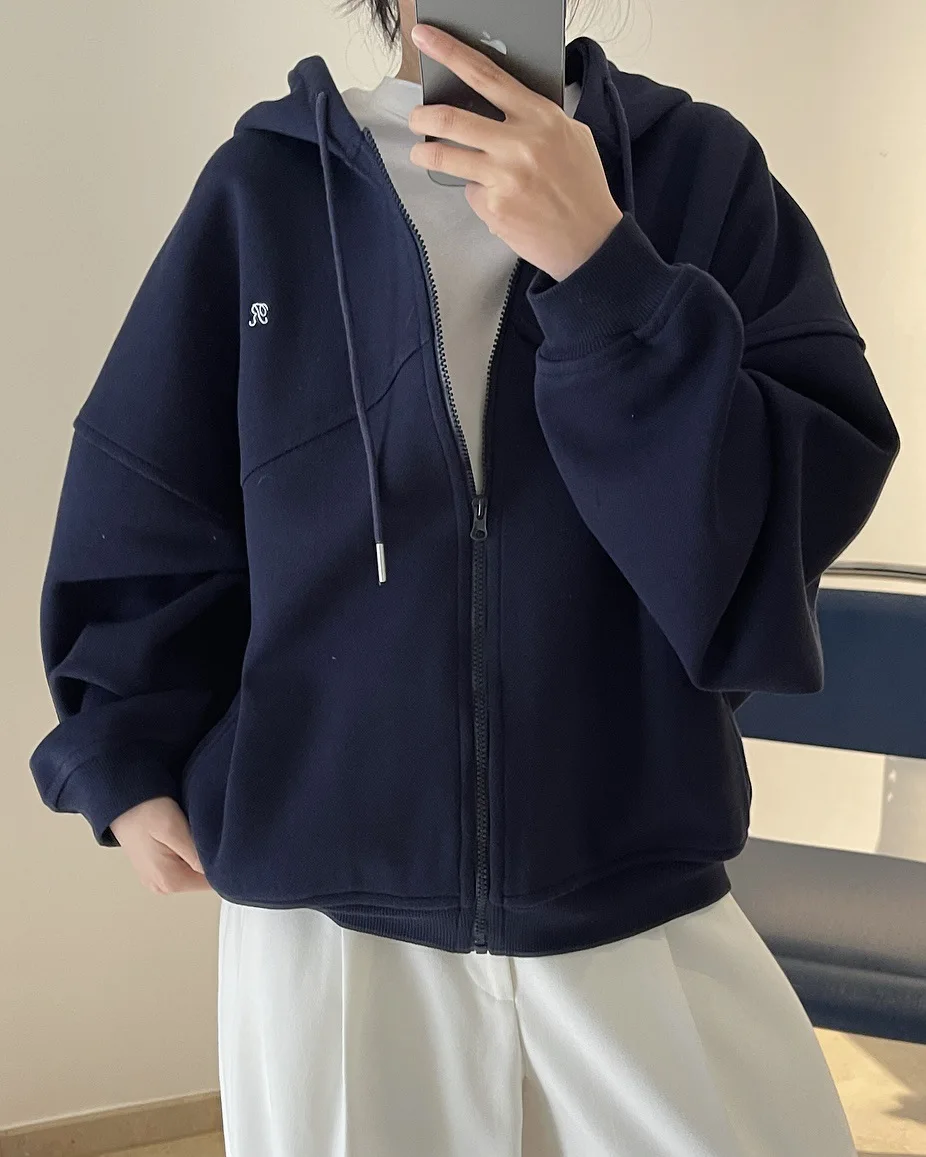 [LANMREM] Letter Hooded Sweatshirt For Women Zipper Cardigan Long Sleeve Casual Loose Top Fashion 2025 Autumn New 26D9799