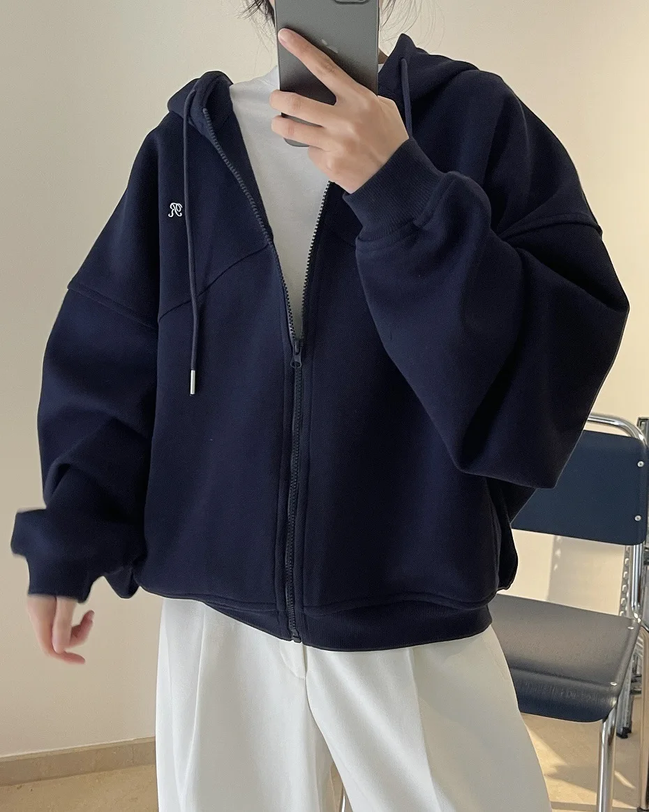 [LANMREM] Letter Hooded Sweatshirt For Women Zipper Cardigan Long Sleeve Casual Loose Top Fashion 2025 Autumn New 26D9799