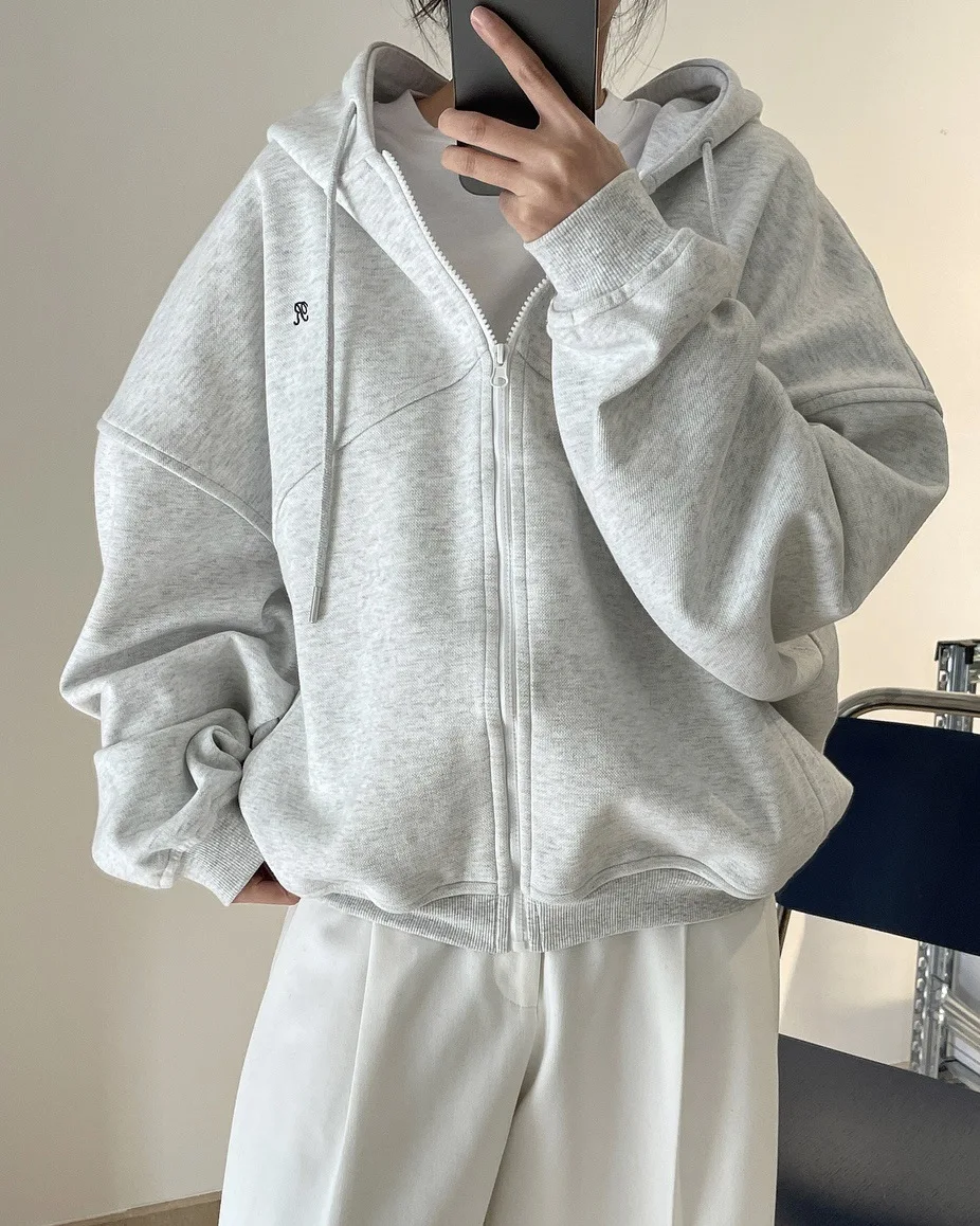 [LANMREM] Letter Hooded Sweatshirt For Women Zipper Cardigan Long Sleeve Casual Loose Top Fashion 2025 Autumn New 26D9799