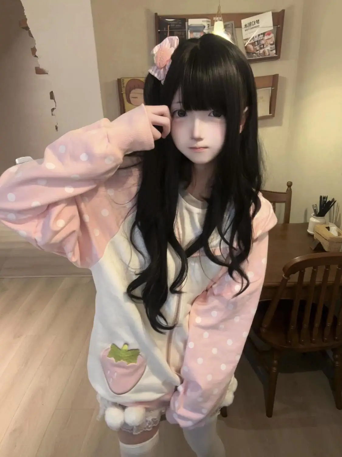 Aoaiiys Japanese Hoodies Women Kawaii Rabbit's Ears Loose Outerwear Strawberry Dot Print Aesthetic Sweatshirt Autumn Winter New