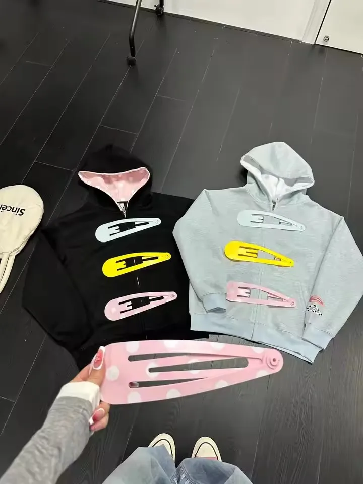 Womens Oversized Zip Up Hoodie Colorful Giant Hair Clip Barrette Pink Black Grey Long Sleeve Cropped Sweatshirt Hooded Jacket