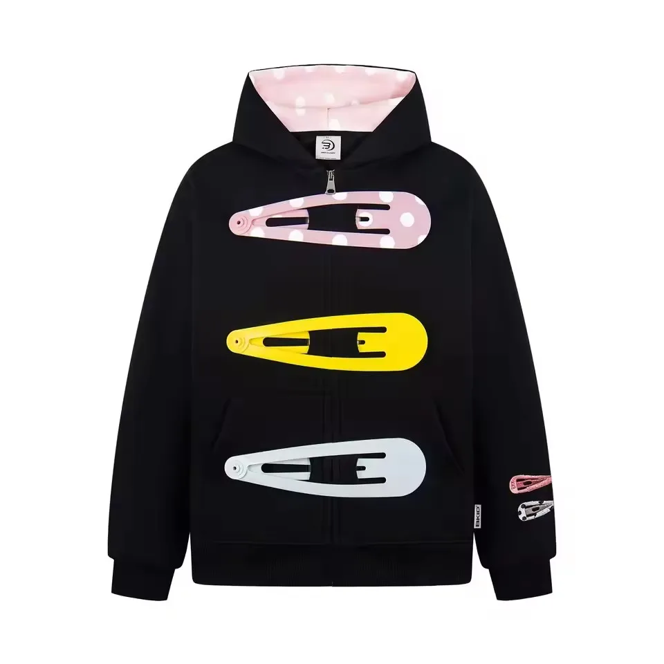 Womens Oversized Zip Up Hoodie Colorful Giant Hair Clip Barrette Pink Black Grey Long Sleeve Cropped Sweatshirt Hooded Jacket