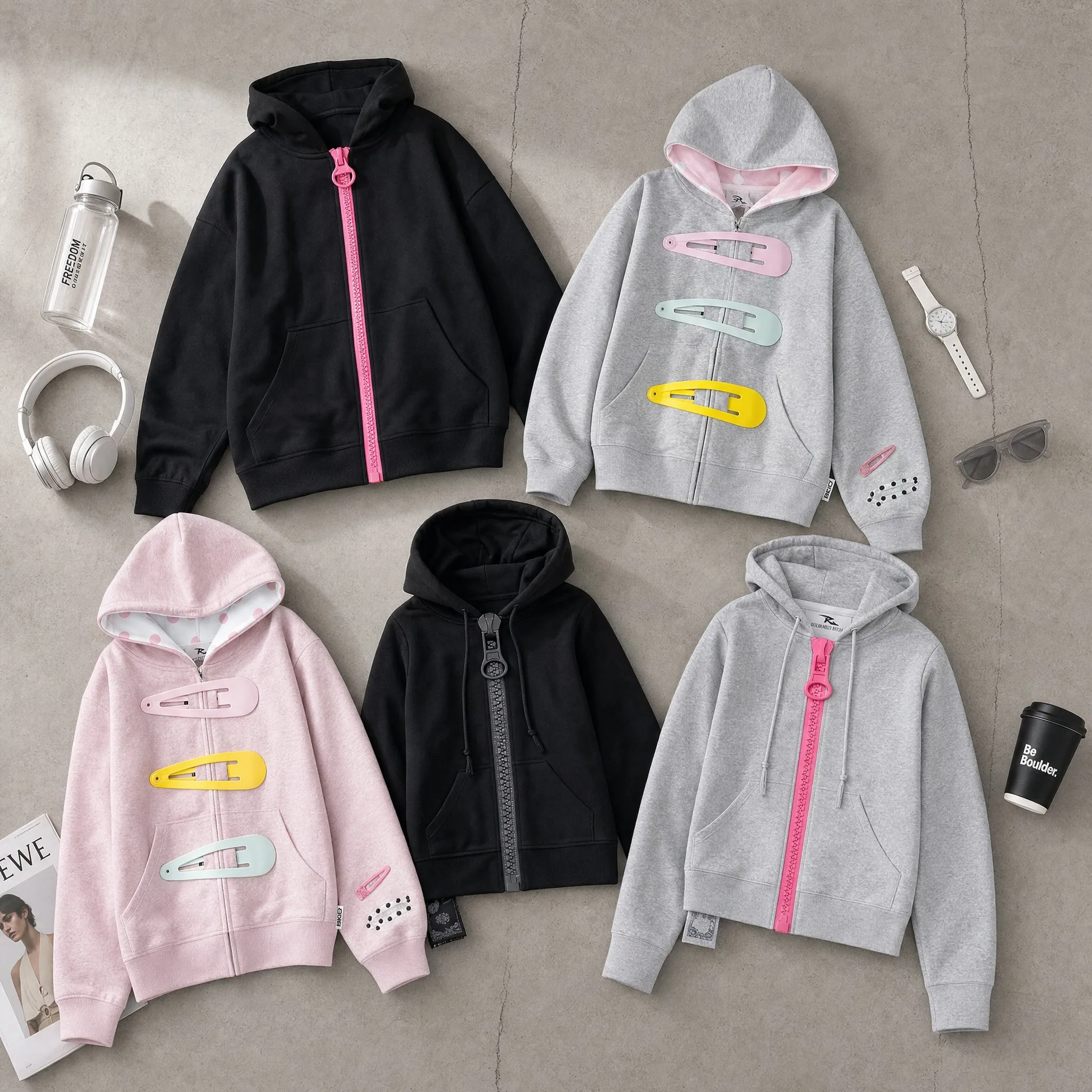 Womens Oversized Zip Up Hoodie Colorful Giant Hair Clip Barrette Pink Black Grey Long Sleeve Cropped Sweatshirt Hooded Jacket