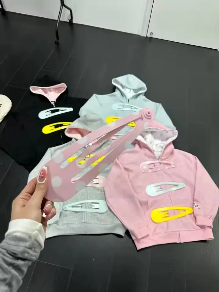 Womens Oversized Zip Up Hoodie Colorful Giant Hair Clip Barrette Pink Black Grey Long Sleeve Cropped Sweatshirt Hooded Jacket