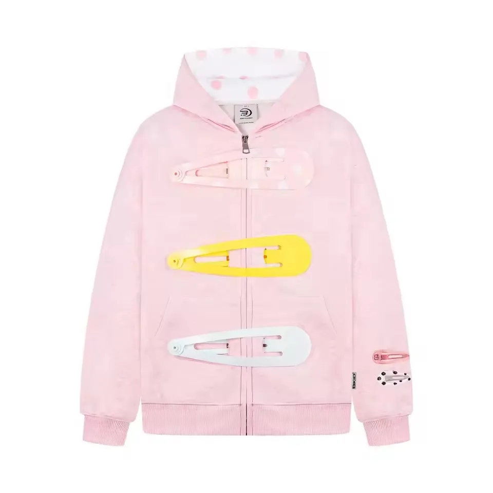 Womens Oversized Zip Up Hoodie Colorful Giant Hair Clip Barrette Pink Black Grey Long Sleeve Cropped Sweatshirt Hooded Jacket