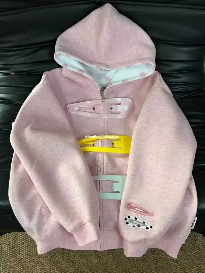 Womens Oversized Zip Up Hoodie Colorful Giant Hair Clip Barrette Pink Black Grey Long Sleeve Cropped Sweatshirt Hooded Jacket