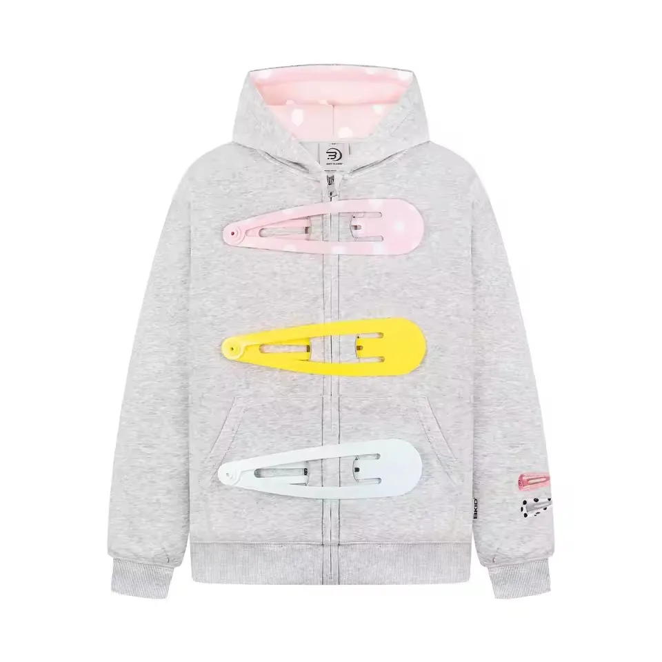 Womens Oversized Zip Up Hoodie Colorful Giant Hair Clip Barrette Pink Black Grey Long Sleeve Cropped Sweatshirt Hooded Jacket