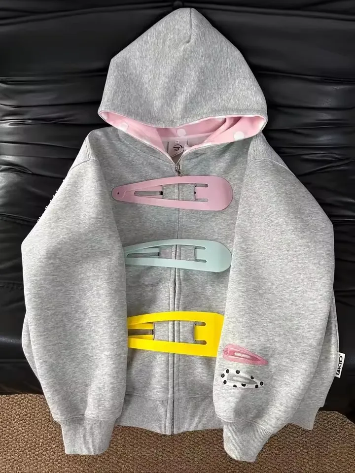 Womens Oversized Zip Up Hoodie Colorful Giant Hair Clip Barrette Pink Black Grey Long Sleeve Cropped Sweatshirt Hooded Jacket