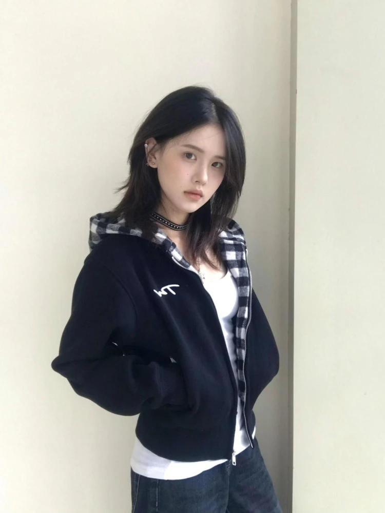 2000s Subculture Polka Dot Slim Sweet Hooded Sweatshirt Autumn Y2k American Vintage Print Casual Cardigan Harajuku Hoodies Chic