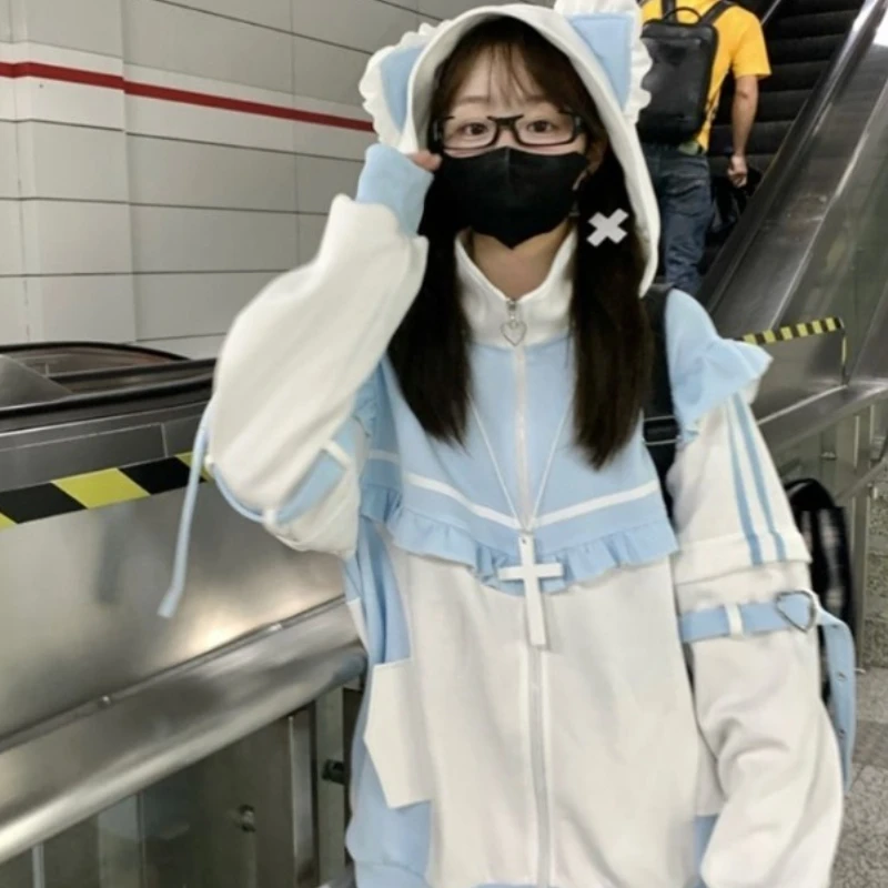 Japanese Hoodies Jackets Y2k Tops Streetwear Fashion Outwear Hooded Zipper Ruffles Sweatshirts Coat Contrast Color Casual Hoodie