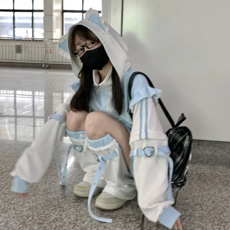 Japanese Hoodies Jackets Y2k Tops Streetwear Fashion Outwear Hooded Zipper Ruffles Sweatshirts Coat Contrast Color Casual Hoodie