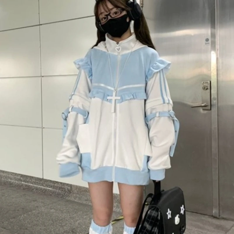 Japanese Hoodies Jackets Y2k Tops Streetwear Fashion Outwear Hooded Zipper Ruffles Sweatshirts Coat Contrast Color Casual Hoodie