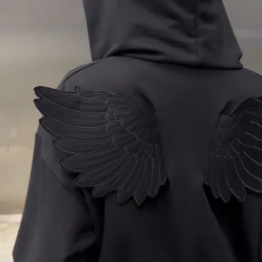 Y2K Angel Wings Hooded Sweatshirt, New 2026 Release Solid Color Zipper Street Cute Personalized Top Role-Playing Outfit