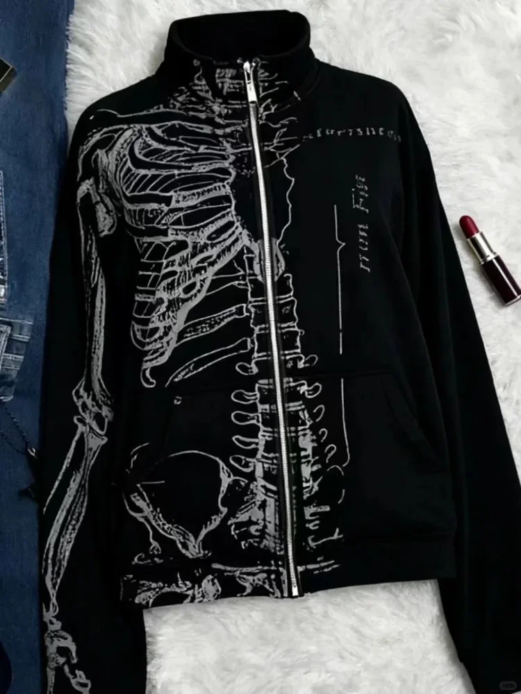 American Retro Print Design Hooded Sweatshirt Women Clothing Y2K Gothic Hot Girl Jacket Streetwear Harajuku Subculture Punk Tops