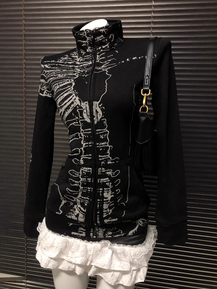 American Retro Print Design Hooded Sweatshirt Women Clothing Y2K Gothic Hot Girl Jacket Streetwear Harajuku Subculture Punk Tops