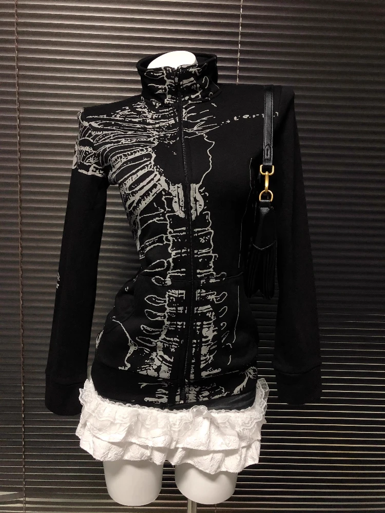 American Retro Print Design Hooded Sweatshirt Women Clothing Y2K Gothic Hot Girl Jacket Streetwear Harajuku Subculture Punk Tops