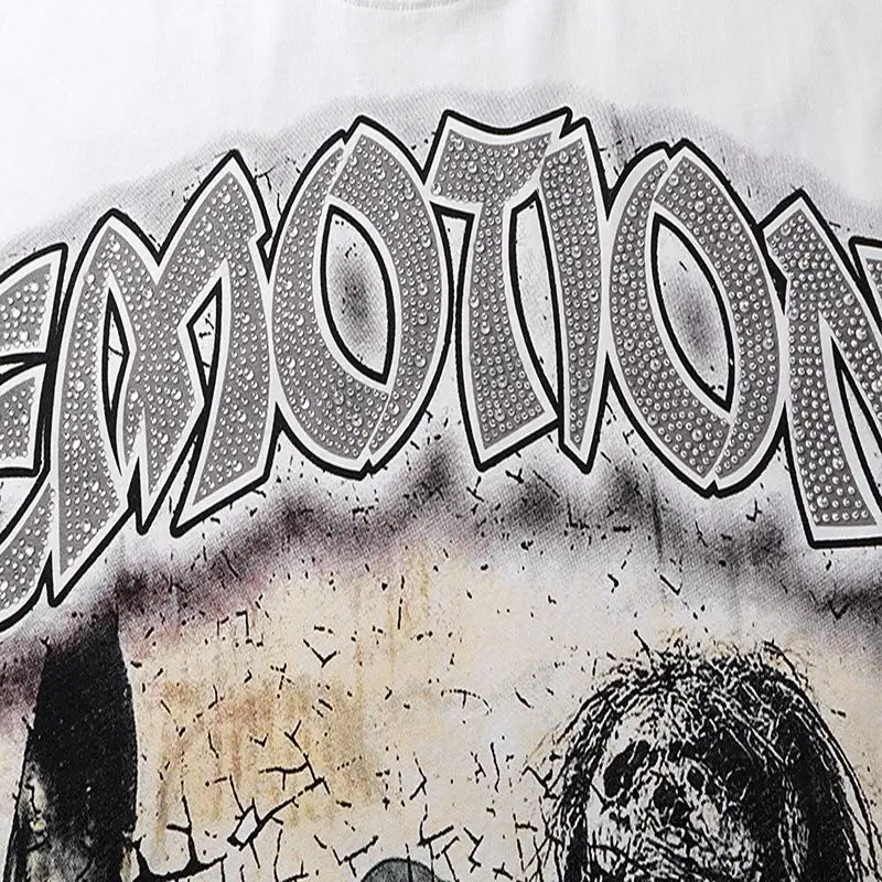 2026 NEW RMIXED EMOTION Rhinestone Shirt Streetwear Cotton Loose Round Neck Top Tees Oversized Tee Top Trendy
