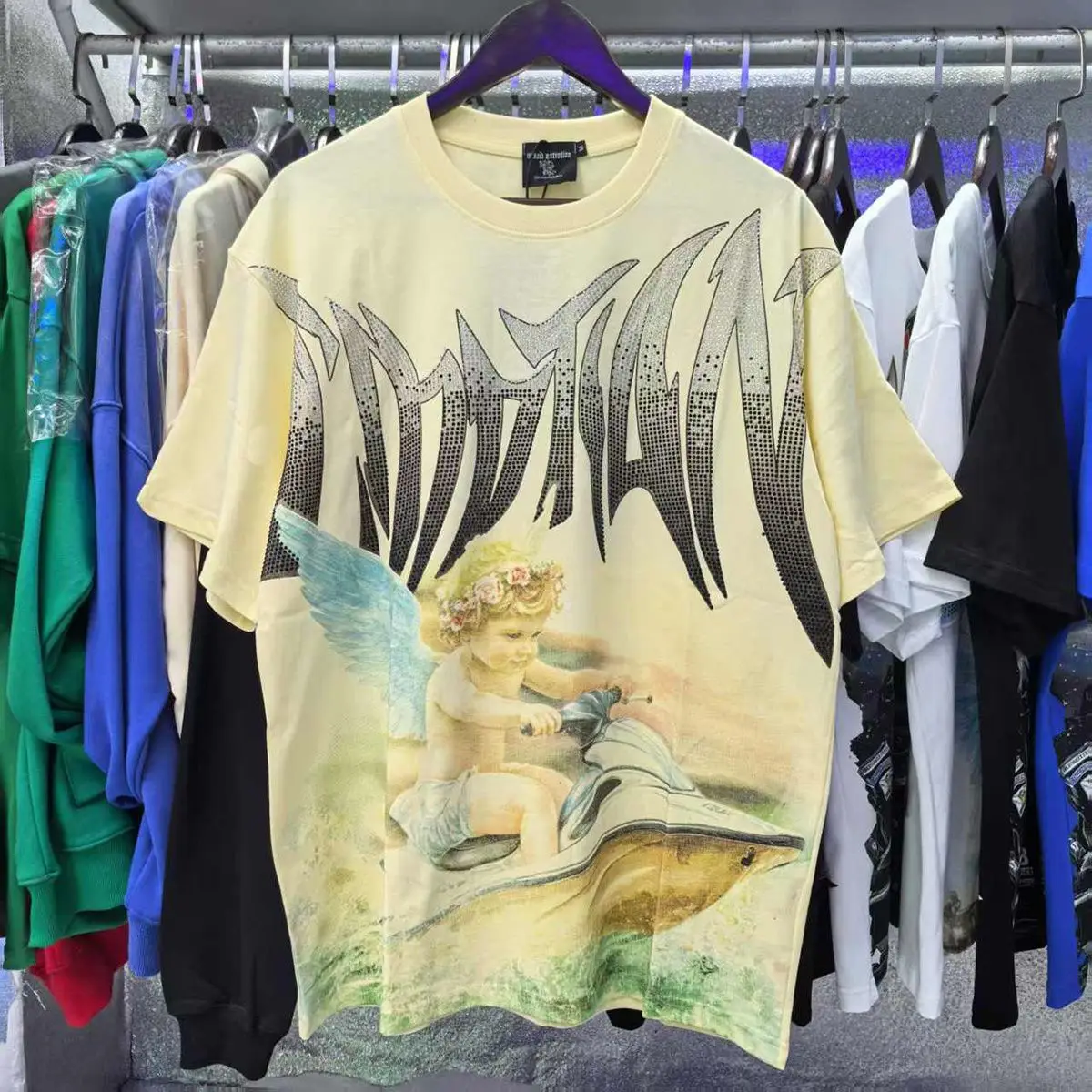 2026 NEW RMIXED EMOTION Rhinestone Shirt Streetwear Cotton Loose Round Neck Top Tees Oversized Tee Top Trendy