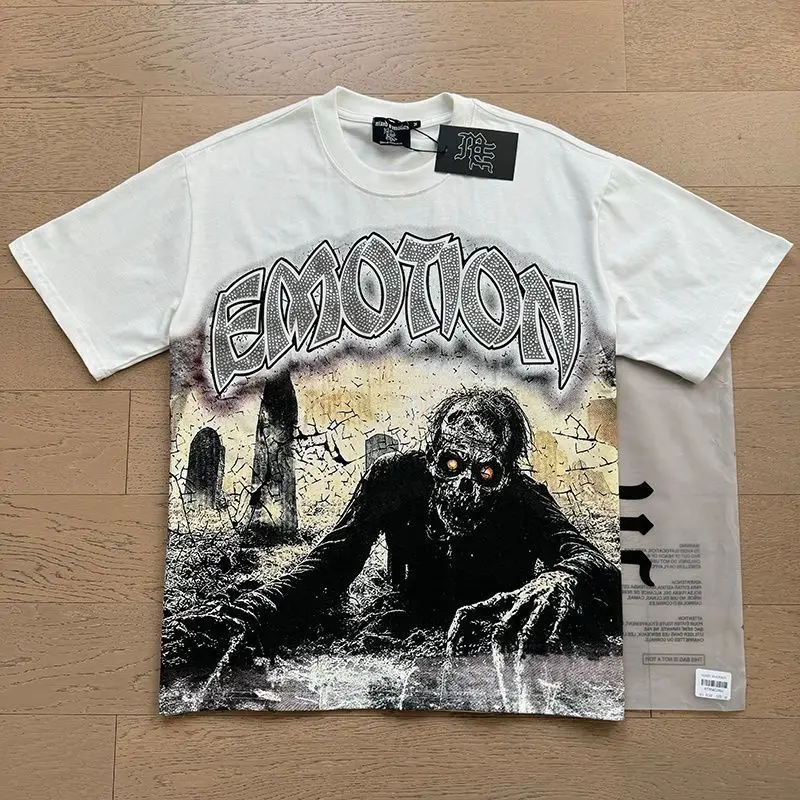 2026 NEW RMIXED EMOTION Rhinestone Shirt Streetwear Cotton Loose Round Neck Top Tees Oversized Tee Top Trendy