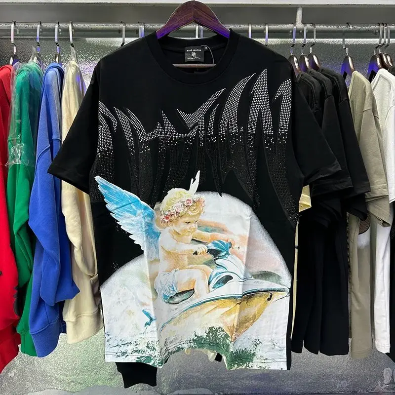 2026 NEW RMIXED EMOTION Rhinestone Shirt Streetwear Cotton Loose Round Neck Top Tees Oversized Tee Top Trendy