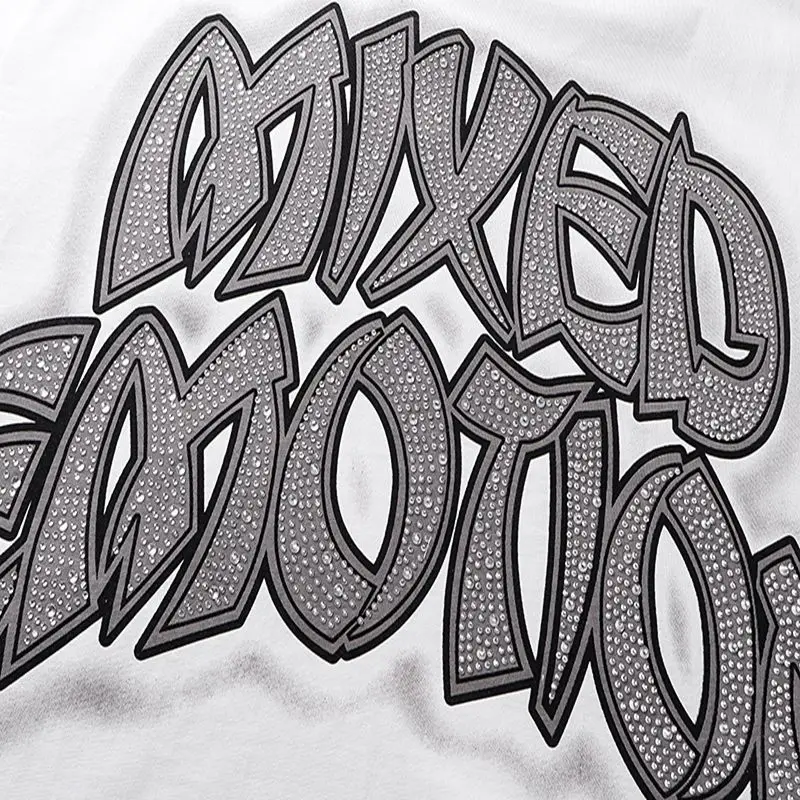 2026 NEW RMIXED EMOTION Rhinestone Shirt Streetwear Cotton Loose Round Neck Top Tees Oversized Tee Top Trendy