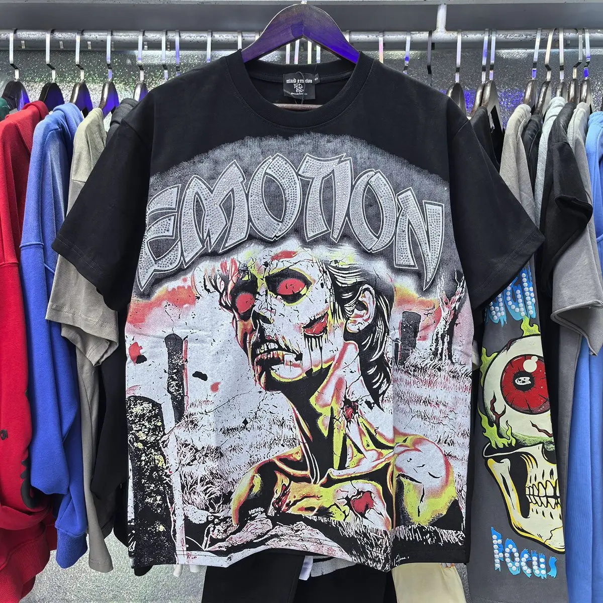 2026 NEW RMIXED EMOTION Rhinestone Shirt Streetwear Cotton Loose Round Neck Top Tees Oversized Tee Top Trendy