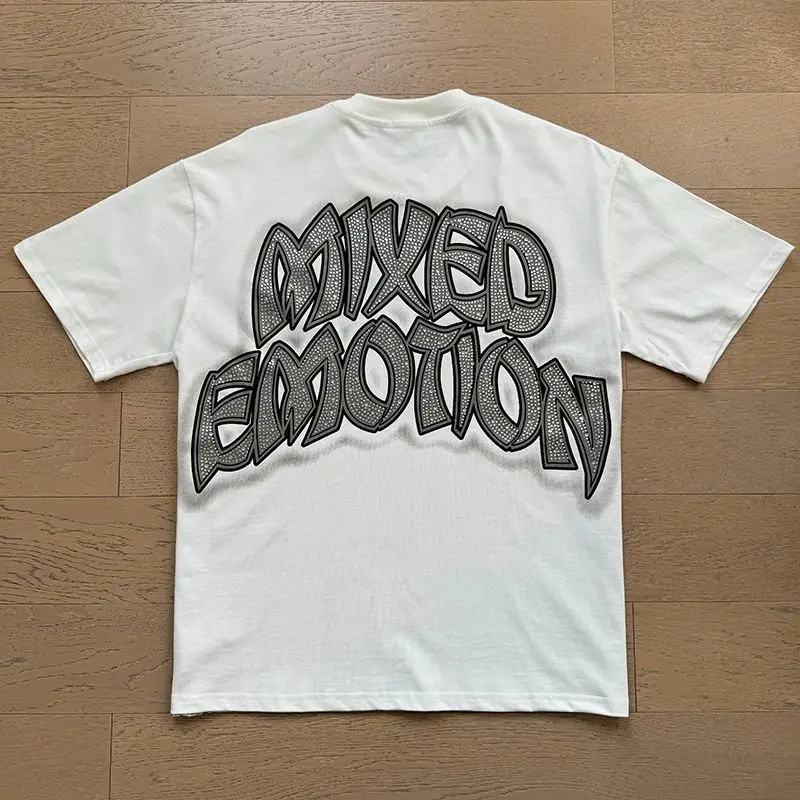 2026 NEW RMIXED EMOTION Rhinestone Shirt Streetwear Cotton Loose Round Neck Top Tees Oversized Tee Top Trendy