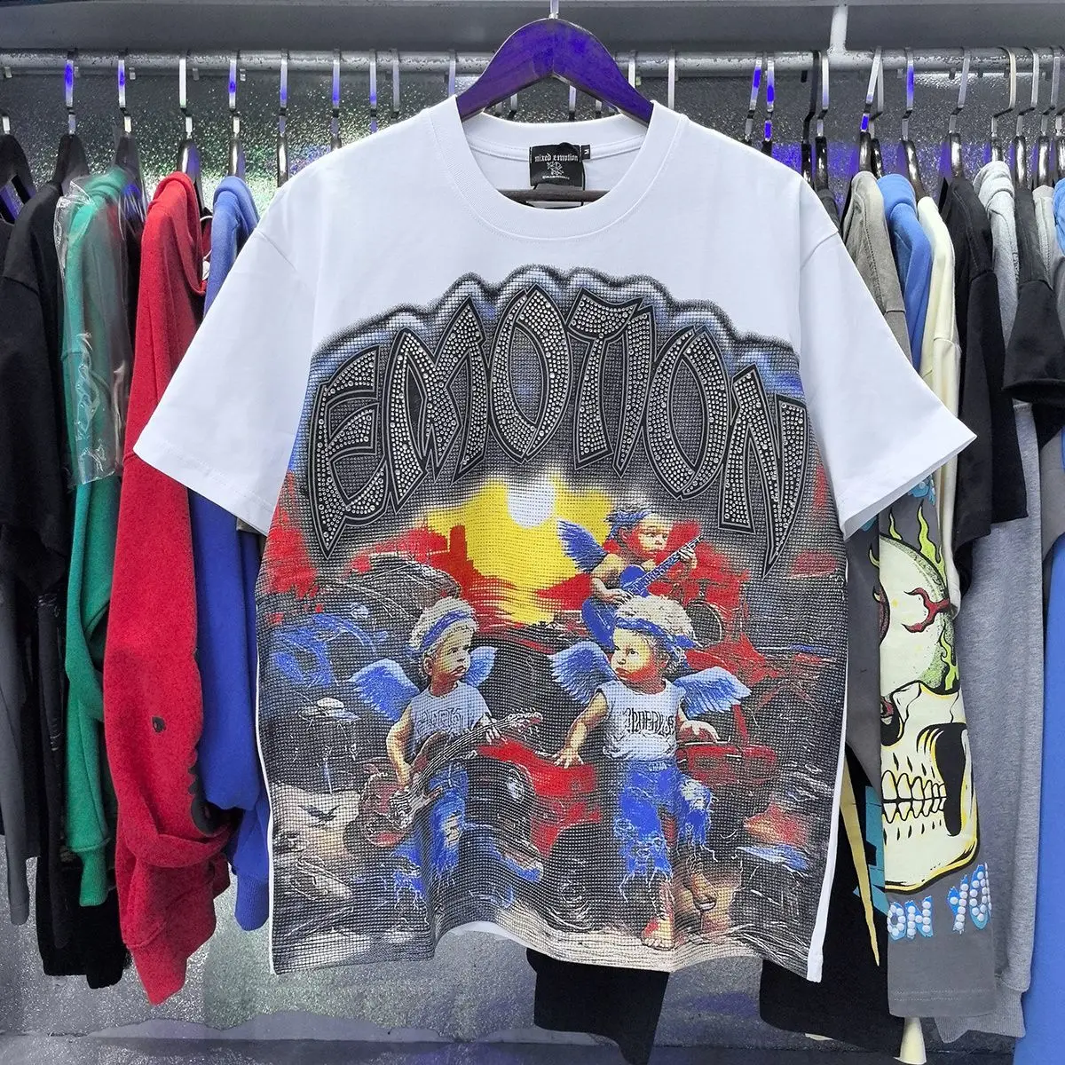 2026 NEW RMIXED EMOTION Rhinestone Shirt Streetwear Cotton Loose Round Neck Top Tees Oversized Tee Top Trendy